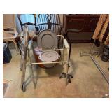 A potty chair, a walker and a cane