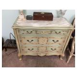 Antique French Provincial marble top hand painted three drawer chest. 36” x 17” inches. contents not included.