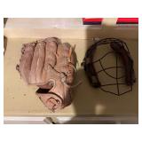 Antique Baseball, catchers face mask, and glove