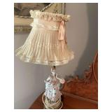 Antique porcelain and brass with lace  figurine lamp 4“ x 17”