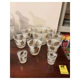 Vintage 60’s frosted gold leaf, Libby, ice bucket, rock glasses, and shot glasses -nine pieces total