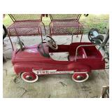 Vintage Burns novelty fire department engine number 281 fire truck pedal car jet flow drive 40” x 17” x 23”