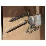 Vintage wine tasting cup, and chain 3“ x 1“. There are 2 brand new ones in the box and one out of the box. With two silver railroad style spikes.