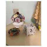 Grouping of porcelain; Royal Adderly floral bouquet (has been repaired), a 3 1/2 x 3 1/2 Moss Rose dresser box and an a Italian dresser tray with chips
