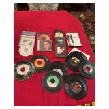 Grouping of 45’s, VHS‘s, CDs with one DVD