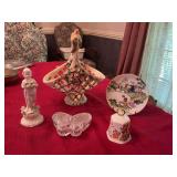 Group of miscellaneous items -the basket is 8“ x 10“ does have a crack on side as shown Ansley Country Garden porcelain bell , Nova 5 inch figurine