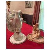 Vintage hanging wall lamp with reflector and porcelain 4 1/2 x 7 1/2” holy family figurine