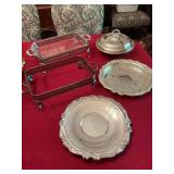 Group of silver-plate platters, and casserole dishes