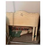 French provincial hand-painted twin size headboard with metal bed frame. Matches chest of drawers