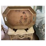 Metal tray and stand with geisha girls 20“ x 15“￼