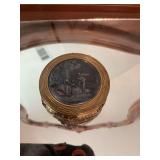 Vintage French mirrored compact with gray Limoges and gold figurine insert with gold detail