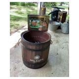 Paul mason vineyards, insulated pail without lid and an old granddad hinged whiskey tin. The pale measures 14 inches round by 15 inches tall.