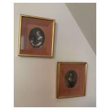 Two gold framed rose colored velveteen matted 10” x 11 1/2” picture