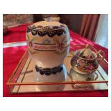 Two hand paint Japanese pieces the covered jar is 5” x 6” the other is 4” x 3 1/2” and it does have a chip as shown