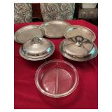 Three silver plated trays +2 silver plated covered footed casserole, dishes, and a glass divided casserole insert