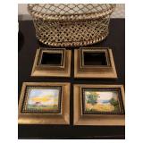 Two miniature oil paintings with two frames and a gold basket that is 12 inches to 6” x 5 1/2”