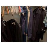 Medium leather jacket, large hooded coat, and several long overcoats with other jackets ￼