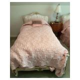 Vintage twin size French provincial bed with headboard, footboard and side rails matches lot number 107.