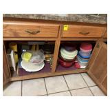 Miscellaneous kitchen items in three cabinets as shown
