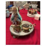 Antique German gold porcelain vase 5 1/2“ x 7 and an ornate gold with rhinestones dresser limited jewelry box 6” x 3 1/2”
