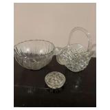 Antique flower frog,  12 x 12” basket and a 11 x 6” glass bowl
