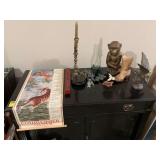 Grouping of miscellaneous decor pieces. The duck, the boot and the green acorn candle holder are plaster. The monkey is plastic and one brass candlestick.