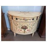 Antique white hand oil decorated commode. 44” x 18 1/2” x 34”.