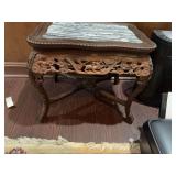 Very ornate wood table with marble top inlay 24” x 18” x 19”