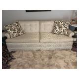 Antique cream Demask couch 83“ x 32“ x 29“ seat height 16 inches. Pillows included.