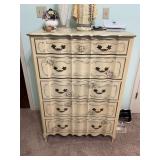Antique French Provincial hand painted chest of drawers. 34” x 19” x 47” contents not included . Does have one small piece of wood chipped that needs to be glued on as shown