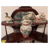Satsuma ginger jar 6” x 8 1/2” Japan, porcelain duck as shown and a rabbit figurine 5” x 4”