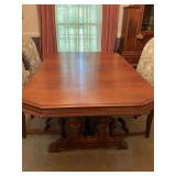 Beautiful Antique Jacobian Dining room set with six nicely upholstered chairs. Table is 45” x 66” x 29 1/2 inches without leaf. The leaf is inches wide … the chairs are 20” x 20” x 41” wit