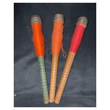 Set of (3) antique thread spools with original thread - 8-3/4” long - red, orange and coral