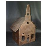 Handcrafted rustic looking tealight sheet metal church with removable roof - 10-1/4” tall