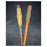 Set of (2) antique thread spools with original thread - 8-3/4” long - olive green and pale yellow