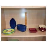 Libbey Green, Blue & Yellow 7" ceramic Dip and Chip Serving Bowl. 6 cobalt blue oval au gratin baking dish. Rust red Pampered Chef square plate 4.5", Family Table Ice Cream Dish.