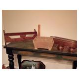 Church pew book rack, converted now with hooks. Rustic, 4-cubby wooden storage box. Hammered copper storage bin. Viking Plate copper creamer and sugar bowl set,