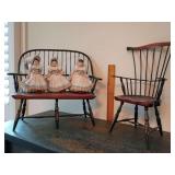 3 Eastern European folk art wedding dolls and, miniature doll size Windsor barrel-back settee bench alongside a matching continuous-arm Windsor chair.