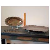 Silver plate, oval serving tray, large oval footed pie crust scalloped edge serving tray, has slight bend, see pic. And, 6 cocktail forks & 2 sugar spoons.