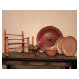 Doll size wooden rocking bench, Dept 56 Terra Cotta painted rooster, 19.5" large round resin decorative platter, 3 pieces Monmouth oven proof stoneware, 2 oval platters, 1 serving bowl.