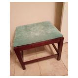 Pier 1 upholstered bench, sturdy, straight-legged wooden frame paired with a vibrant turquoise velvet-textured cushion top. 18"T x 20.75"L x 17"W. Dark floor photos at a window, light floor photo no n