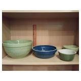 Large sage green embossed "SNACKS PARTY MIX". Cobalt stoneware World Market "Diamonds with Reverse Picket Fence". 6" World Market green mixing. 6" light green beaded rim Scroll Cereal Bowl.