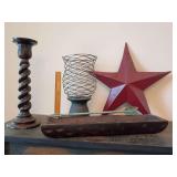 Barley twist candlestick holder, really nice! Intertwined Wire Abstract Vase, primitive wooden dough trough, rustic red metal star and, rustic teal metal arrow wall decoration.