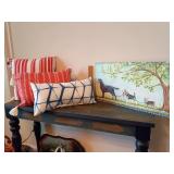 Cozy entryway or mudroom setup, 3 New Pillows and a Kate McRostie, Whimsical Dog Walking Canvas Painting, 24"L x 13"T.