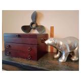Reed&Barton silverware box (empty), large, 2 lower drawers, few scratches and drawers hang down, large silver polar bear and a resin propeller wall hanging.