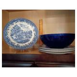 5 "Harvest", Currier & Ives, by Churchill England 10.25" dinner plates. And, a cobalt blue glass bowl, for serving salads, fruits, slightly raised foot base 10 25" across.