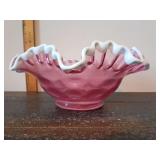 Fenton Art Glass Cranberry Opalescent "Snow Crest" Thumbprint Ruffled Bowl.