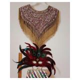 Mardi Gras costume, glass-beaded and sequined fringe costume collar, pink & gold, red and black feathered masquerade mask, and Mardi Gras-themed sequin and glitter clutch purse.