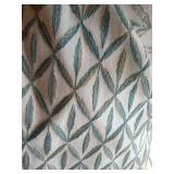 54" bolt woven quilted upholstery fabric, length unknown, geometric leaf-and-diamond lattice, seafoam green, soft blue, and muted gold-brown over an off-white, linen-textured base fabric.