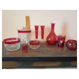Bohemian and American ruby flashed / cranberry glassware, cut-to-clear, pressed.